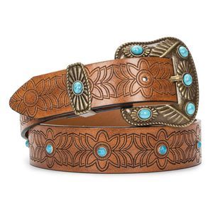 Western-leather-belts For Women Turquoise-oval-buckle Embossed Cowgirl Belt🙀